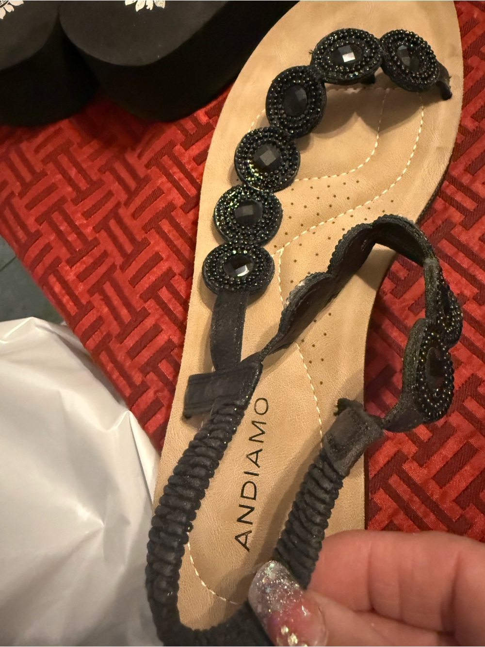 Andiamo Black Beaded T-Strap Sandals - Picture 2 of 3